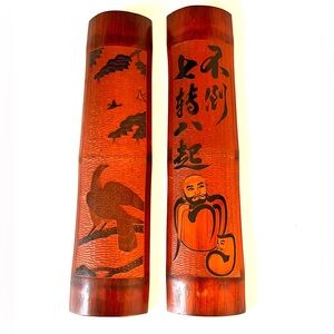 Antique Japanese Meiji Period Bamboo Wall Art Carvings Set of Two Eagle & Daruma